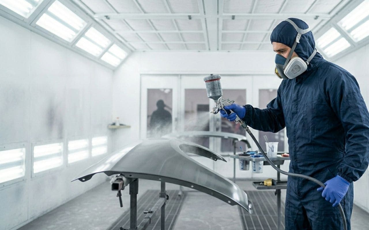 Car body and paint repair Dubai technician colour-matching paint at FIXGO Al Quoz
