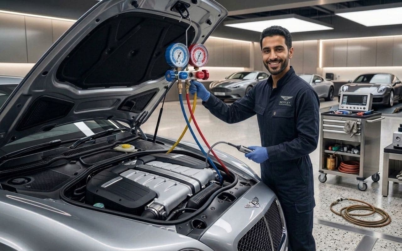 Car AC repair Dubai technician recharging air conditioning at FIXGO Al Quoz