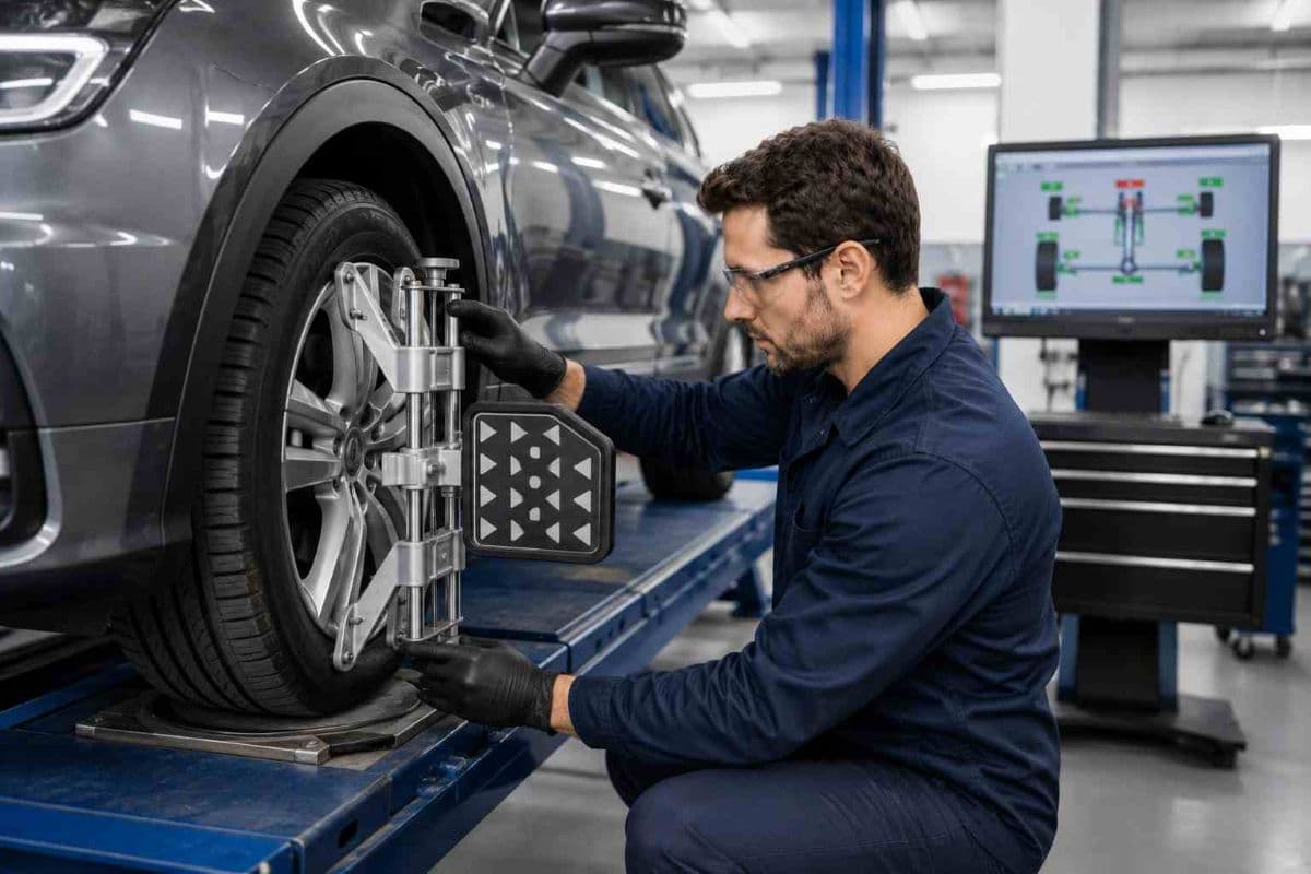 Wheel alignment Dubai technician on a computerised alignment rig at FIXGO Al Quoz