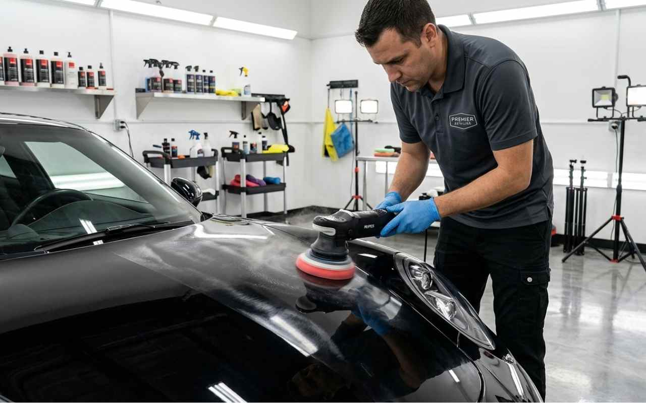 Car detailing Dubai technician applying ceramic coating at FIXGO Al Quoz