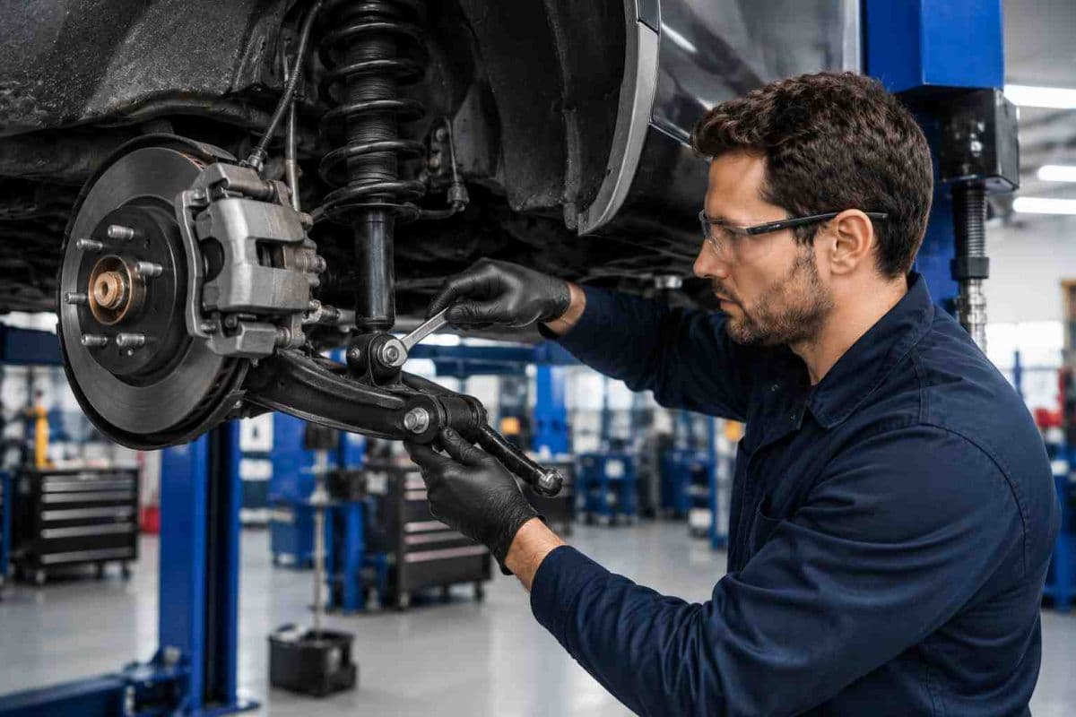 Suspension repair Dubai technician inspecting shocks and struts on a lift at FIXGO Al Quoz
