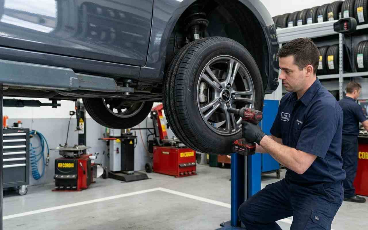 Tyre service Dubai technician fitting and balancing a car tyre at FIXGO Al Quoz
